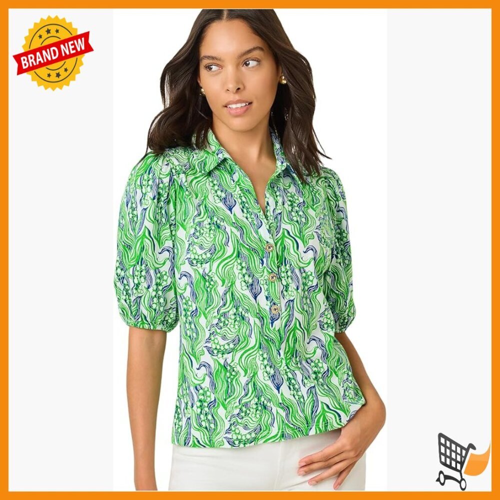 Floral Knit Top with Collar and Puffed Sleeves, Classic Fit